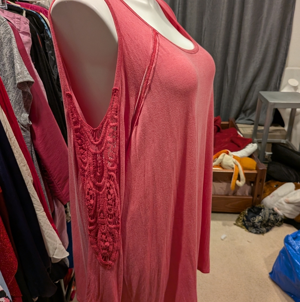 Pink Cold Shoulder Top with Lace Detail - 2X
